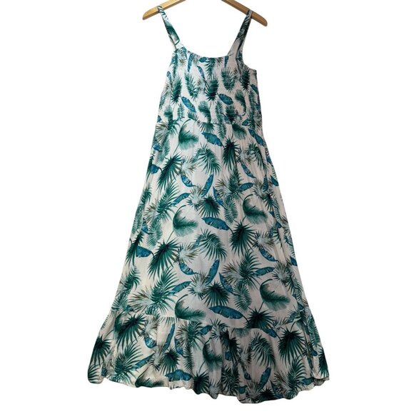Knox Rose Womens Palm Print Midi Dress L White Green Strappy Smocked Bodice - Picture 10 of 14